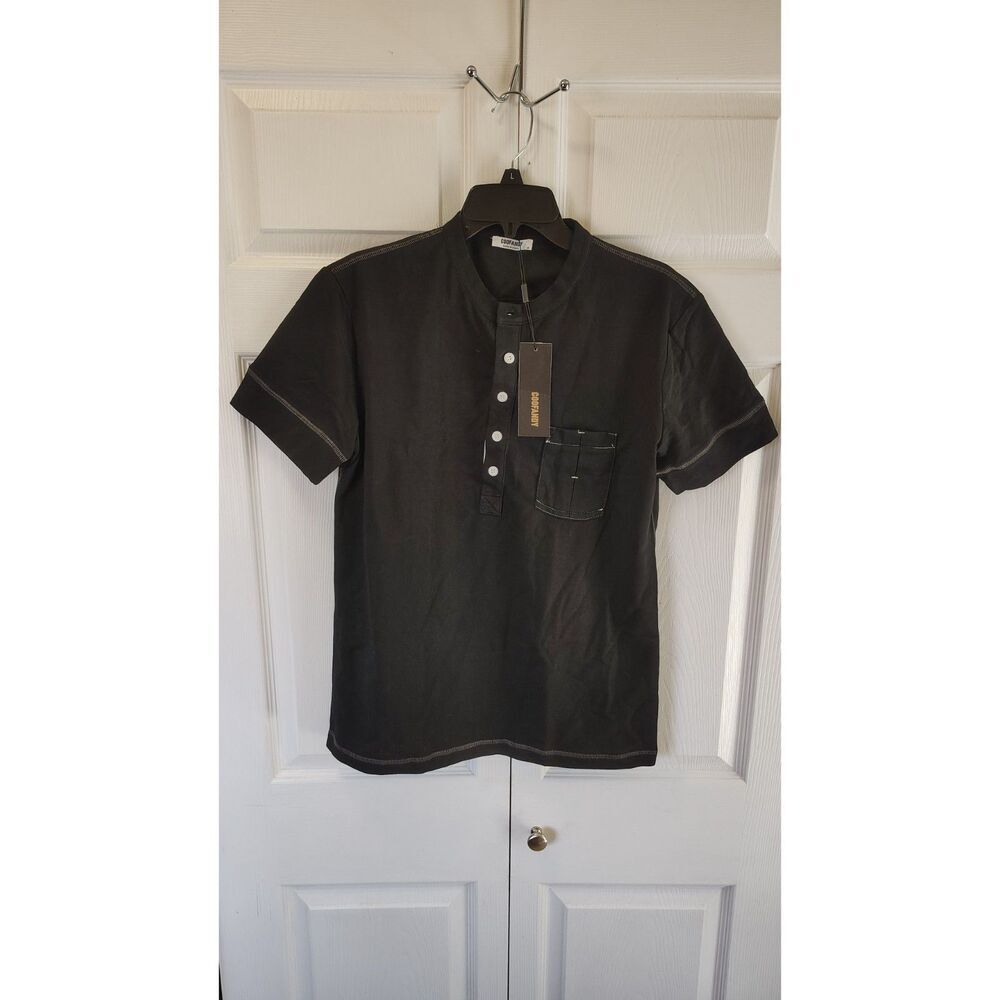 NWT COOFANDY Black Henley Shirt Contrast Stitching with Chest Pocket Medium